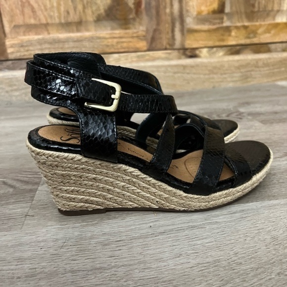 Söfft Black Leather Wedge Sandals with Ankle Closure - Picture 4 of 11